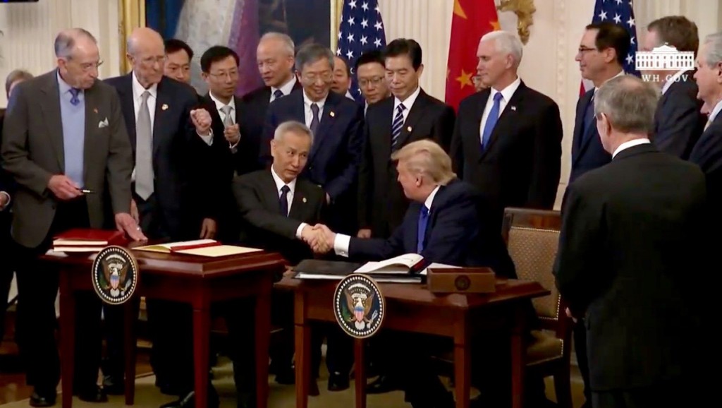 The U.S. - China 'Phase One' trade agreement signed today at the White House reportedly calls for China to buy $40 billion to $50 billion worth of U.S. agricultural products annually over the next two years. (courtesy White House)